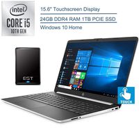 2020 HP 15.6" Touchscreen Laptop Computer, 10th Gen Intel Quard-Core i5 1035G1(Beats i7-7500U), 24GB DDR4 RAM, 1TB PCIe SSD, AC WiFi, Silver, Windows 10 Home + EST 500GB External Hard Drive