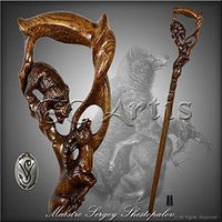 Unique Walking Stick Cane - Grizzly Bear Hunting Gazelle, Wooden Carved Crafted Dark