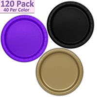 120 Paper Dessert Plates (7") - Black, Neon Purple, Gold - 40 Per Color, 3 Colors - Great Assortment for Birthday Parties, Weddings, Holidays, Baby Shower, Celebrations, and more