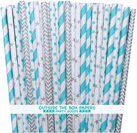 Outside the Box Papers Cinderella Theme Chevron, Star, Polka Dot and Striped Paper Straws 7.75 Inches 100 Pack Light Blue, Silver, White