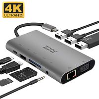 USB C Hub Adapter, 10 in 1 Aluminum Thunderbolt 3 Type C Hub with 4K HDMI Output, USB 3.0, VGA, SD&TF Card Reader, 3.5mm Audio/Mic, Gigabit Ethernet, Type C Charger Port for MacBook Google Chromebook