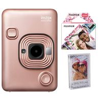 Fujifilm Instax Mini Hybrid LiPLay Instant Camera (Blush) w/Confetti Mini Film Pack & Glitter Frame Bundle