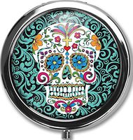 Skull Custom Round Black Pill Case Pocket 2.1 inches Medicine Tablet Holder Organizer Case for Purse/Three-Compartment Pill Box/Black Pill Case