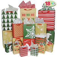 18 Pack Christmas Premium Holiday Gift Bags Assorted Creamy Kraft Style Prints for Xmas Goody Gift Bags, School Classrooms Party Favors Decoration, Holiday Present Wrap Décor.