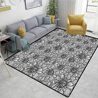 Black and White Patchwork Floor Mat for Kids, Botanical Gardening Plants Hand Drawn Style Dahlia Burst into Blossom, Fashionable High Class Living Bedroom Rugs(2.5'x 9')