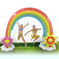 Rabosky Inflatable Rainbow Water Sprinkler, Huge Outdoor Yard Water Toys for Toddlers and Kids, Unique Asymmetrical Design, 86" 70", 2 Big Inflatable Frisbee Bring Kids More Summer Water Fun
