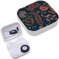 Portable Contact Lens Case Box Travel Kit Mirror + Bottle + Tweezers Container Holder [ Blue Denim Colorful Floral Print ]