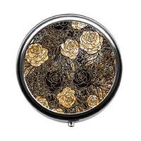 Round Pill Case - Original Gold Floral Custom Fashion Style Pill Box - 3 Compartments Pill Box/Pill case