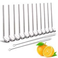 Drinking Spoon Straws, Elegant life Reusable Japan Metal Stainless Steel Drinking Straw with Spoon, Food-Grade Long Spoons Set of 12 with 2 Cleaning Brushes, Use for Home Café Restaurant, 8 Inch