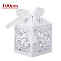 Lucky Monet 25/50/100PCS Love Heart Laser Cut Wedding Candy Gift Box Chocolate Box for Wedding Favor Birthday Party Bridal Shower with Ribbon (100pcs, White)