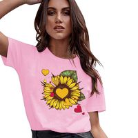 Drfoytg Sunflower T-Shirt Women Cute Funny Graphic Tee Blouse Teen Girls Casual Short Sleeve Shirt Tops Pink