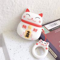 BONTOUJOUR AirPods Case, Super Cute Creative Chinese Rich Money Cat Lucky Kitty Fortune Cat Theme TPU Silicone Cover Protective Skin for AirPods 1&2+Hook-White