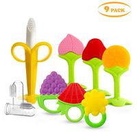 SILIVO 9 Pack Baby-Teething-Toys-Finger-Toothbrushes, BPA Free Silicone Organic Teethers Plus Finger Toothbrushes for Babies，Infants and Toddlers (7 Baby teethers+ 2 Finger toothbrushes)