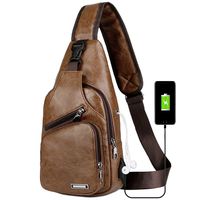 Peicees Leather Sling Bag w/USB Charge Chest Crossbody Backpack Daypack for Men