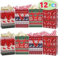 12 Pieces Christmas Gift Bags with Assorted Christmas Prints for Holiday Paper Gift Bags, Christmas Goody Bags, Xmas Gift Bags, Classrooms and Party Favors