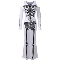 ERWAZI Halloween Skeleton Maxi Dress, Women O-Neck Long Sleeve Cold Shoulder Slim Fit Cosplay Costume, Scream Horror Fancy Adults Outfit Dress(S, White)