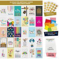 Dessie 30 Unique Happy Birthday Cards - 30 Gold Foil Birthday Cards Bulk With Message Inside. 32 White and Colored Envelopes, Perpetual Birthday Calendar and Gold Sealing Stickers Included In Box