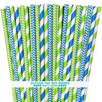 Outside the Box Papers Lime Green and Blue Chevron and Stripe Paper Straws 7.75 Inches 100 Pack Lime Green, Blue