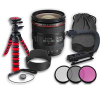 Canon EF 24-70mm f/4L IS USM Lens + Original Canon Lens Hood EW-83L + Original Canon Lens Bag + 3 PC Filter Kit + Tripod + Scorpion Grip + Cap Keeper