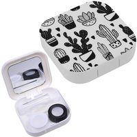 Portable Contact Lens Case Box Travel Kit Mirror + Bottle + Tweezers Container Holder [ Black White Cactus ]