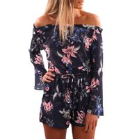 Women Jumpsuit,Jushye Sexy Off Shoulder Floral Print Long Sleeve Jumpsuits Playsuit Rompers (S, Dark Blue)
