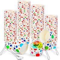 100 Disposable Paper Ice Cream Cups Yogurt Dessert Bowls and 100 Matching Plastic Transparent Spoons Rainbow Polka Dots Party Supplies