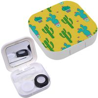 Portable Contact Lens Case Box Travel Kit Mirror + Bottle + Tweezers Container Holder [ Cactuses On Yellow ]
