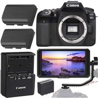 Canon EOS 90D DSLR Camera with FeelWorld MA5 5.0" 4K Full HD Monitor, and Deluxe Bundle; Includes: SanDisk Ultra 64GB Memory Card, and More