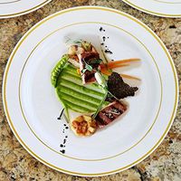 Tableclothsfactory 50 Pcs - White with Gold 10.25" Round Disposable Plastic Plate - Tres Chic Collection