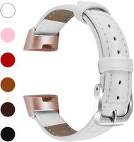 Meikeio Replacement Bands Compatible with Fitbit Charge 3, Classic Genuine Leather Charge 3 Band Fitness Wristband for Women Men Small Large(White,Small)