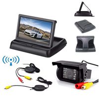 Wireless Vehicle Backup Camera and Monitor Kit,18 LED IR Night Vision Reverse Camera + 4.3 inch Rear View Foldable Screen Parking Assistance System for Bus Truck Trailer RV Motorhome 12V