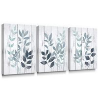 Takfot Leaf Wall Art Blue Grey Canvas Painting Contemporary Vintage Botanical Leaves Plants Pictures Home Decor Stretched and Framed Artwork for Bathroom Living Room 12×16 Inch, 3 Panels