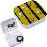 Portable Contact Lens Case Box Travel Kit Mirror + Bottle + Tweezers Container Holder [ Birches Birds ]