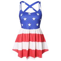 Plus Size Women Sleeveless Cross Back Floral America Flag Print Swing Tunic Tank Tops Red