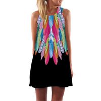 Chaofanjiancai_Dress Women's Feather Print Sleeveless Mini Dress Summer Casual Boho Dress Party Cocktail Dress Black