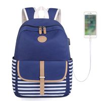 Backpack Canvas Stripe Backpack with USB port Cute Daypack Teen Leisure Bookbag For Girls Boys School Bag Laptop College Bags (Canvas Backpack with USB Blue)