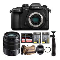 Panasonic Lumix GH5 4K Mirrorless Camera with 45-150mm Lens, 2 64GB SD Card, Gadget Bag, Tripod, Battery and Dual Charger and Lens Filter Bundle (8 Items)