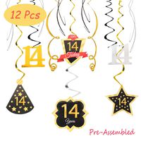14 Birthday Decoration Happy 14th Birthday Party Silver Black Gold Foil Hanging Swirl Streamers I'm Fourteen Years Old Today Birthday Hat Gold Star Ornament Party Present Supplies