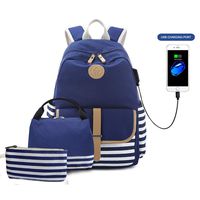 Goodking Canvas Backpack School Backpack for Teen Girls Women, Lightweight Laptop Bag with USB Charging Port and Insulated Lunch Bag & Pencil Case, 3 in 1 Blue