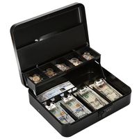 Metal Cantilever Cash Box with Combination Lock, Decaller Large Lock Money Box - 5 Compartments with Cover & 4 Spring-Loaded Clips for Bills, Black, 11 4/5" x 9 2/5" x 3 1/2", QH3009L