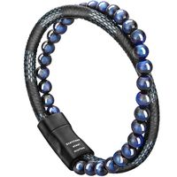 murtoo Mens Bead Leather Bracelet, Blue and Brown Bead and Leather Bracelet for Men (Blue-Black)