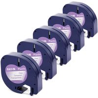 5-Pack Replace DYMO LetraTag Refills Clear Label Tape Plastic 16952 for LT-100H, LT-100T, LT-110T, QX 50, Plus LT-100H Labelling Label Maker, 1/2 Inch x 13 Feet, 12mm x 4m, Black on Ttransparent