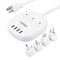 Travel Power Strip, PRITEK Portable 3 Outlet Surge Protector Power Strip with 4 USB Port + International Travel Plug Adapters (US to UK/AU/EU/IT) 6.0ft Extension Cord for Home & Travel [UL LISTED]