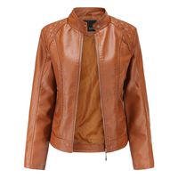 Armfre Tops Women's Long Sleeve PU Faux Leather Bomber Jackets Zip up Stand Collar Vintage Motorcycle Biker Jacket Zipper Pockets Short Coats Outerwear Brown XXL