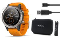 Garmin Fenix 5 Plus+ Sapphire Bundle with Screen Protectors, PlayBetter Portable Charger & Protective Case | Multisport GPS Watch, TOPO Maps, Garmin Pay, Music (Titanium with Orange Band)