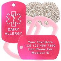 Custom 2 Pack - Dairy Allergy Medical Alert ID Necklaces with Pink Hot Custom Tags, Pink Silencers, and 30'' USA Chains
