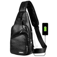 Peicees Leather Sling Bag w/USB Charge Chest Crossbody Backpack Daypack for Men