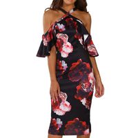 Hunauoo Womens Dresses Halter Neck Maxi Dress Off Shoulder Ruffle Floral Print Mini Dress Black