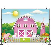 Funnytree 8x6ft Durable Fabric Cartoon Farm Animals Party Backdrop No Wrinkles Pink Barn Girl Baby Shower Birthday Photography Background Rustic Barnyard Scenic Banner Decoration Photo Booth Props