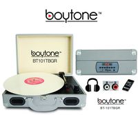 Boytone BT-101TBGR 5 in 1 Briefcase Record Player AC-DC Built in Rechargeable Battery, With 2 Stereo Speakers 3-speed 33/45/78, LCD Display, FM Radio, USB/SD Slot, AUX + MP3, Encoding, Headphone Jack